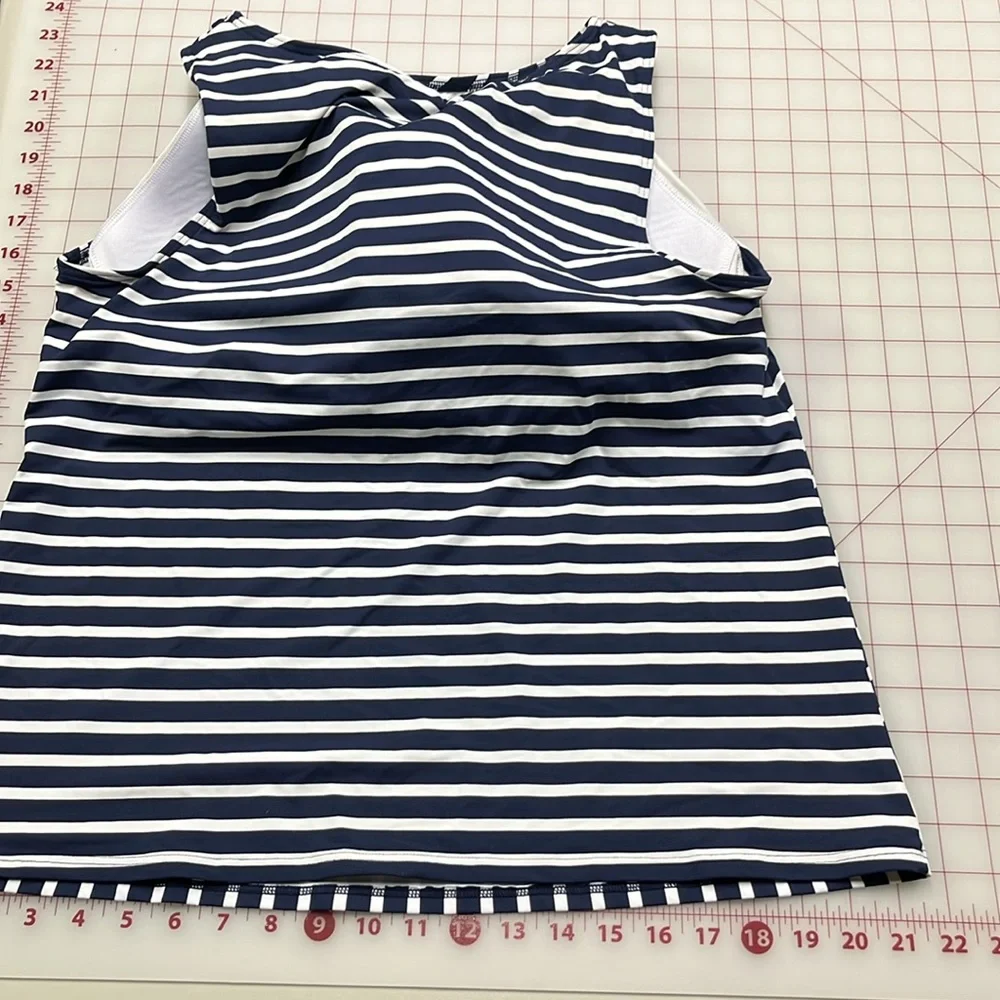 LAND'S END Navy/WHT Stripe High Neck Modest/Full Coverage Tankini Swim Top 16DD